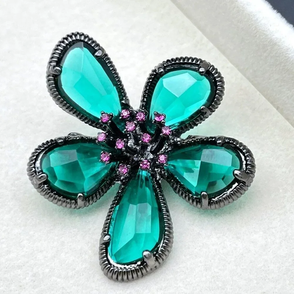 Gun Metal Gray Black with Emerald and Amethyst Crystal Flower Pin Back Brooch